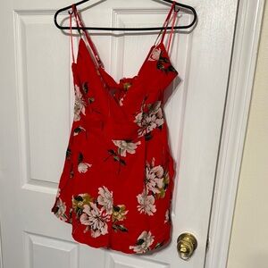 Fashion Nova Red Cream Asymmetrical Wrap Jumpsuit